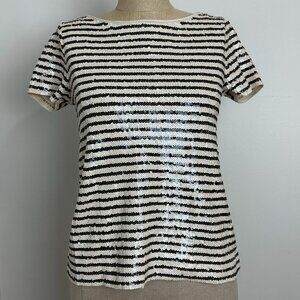 J. Crew Sequin Striped Top XS Black Cream Ivory Boatneck Short Sleeve Sparkle
